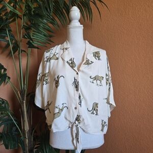 3/$25 Basil Lola Cropped Tie Button Up Safari Top Leopard XL Cream